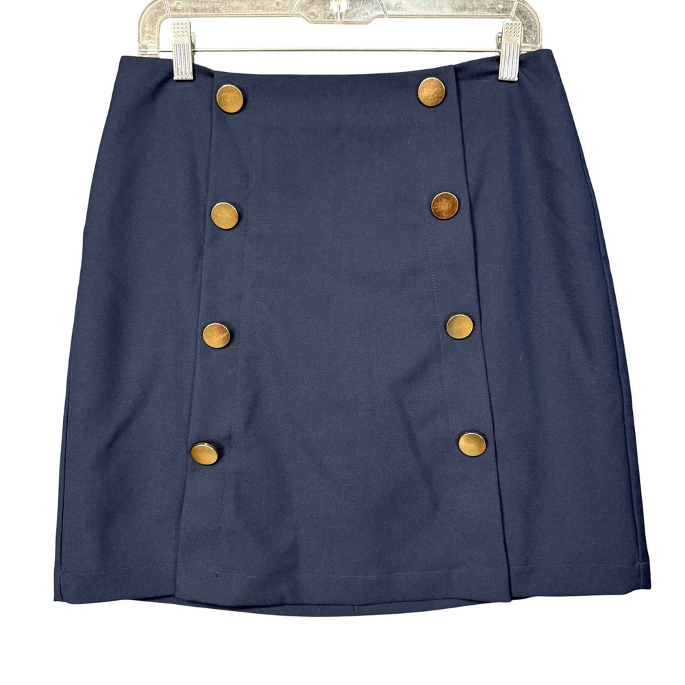 LOFT Skirt Womens 6P Navy Blue Sailor Gold Button Mini A-Line Office Stretch NWT